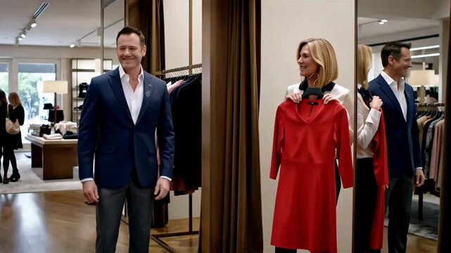 A man and a woman are shopping for clothes