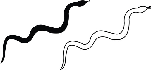 Black snake icon set in flat and line style, serpent silhouette and outline collection featuring coiled, crawling and abstract snake shapes, minimal monochrome vector graphic group