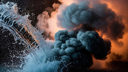 Dramatic explosion with water splash against smoke background