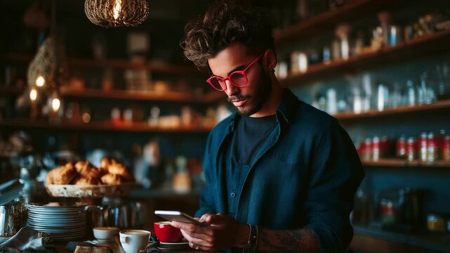 A stylish young man with curly hair and trendy sunglasses uses his smartphone in a cozy cafe filled with delicious pastries and warm lighting, creating an inviting atmosphere. - Powered by Adobe