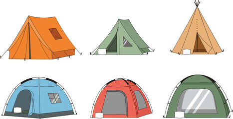 Set of various colorful camping tents including dome ridge and teepee styles for outdoor adventure summer forest hiking and scouting. © Its Ariful 