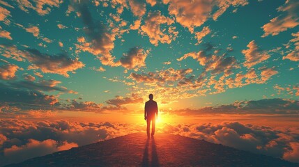 Silhouette of a Person Standing at Sunset, Above the Clouds, Dramatic Sky.