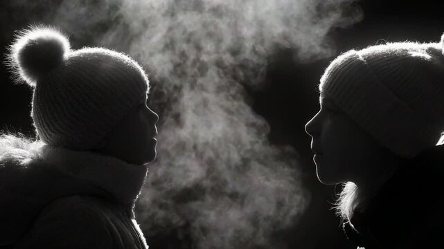 A heartwarming moment captured in monochrome as a child and an adult share a playful breath in the cold, their warm exhalations creating clouds of vapor in the frosty air.