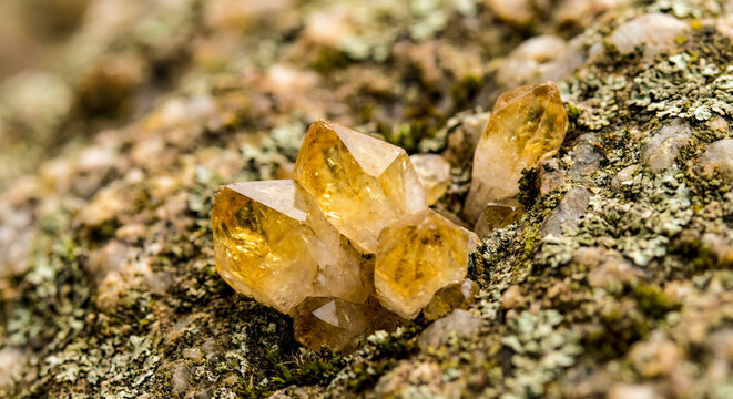 Natural yellow citrine crystals growing on a textured rock surface covered with green moss and lichen.