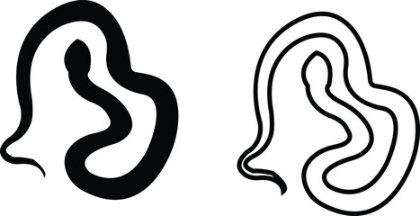 Black snake icon set in flat and line style, serpent silhouette and outline collection featuring coiled, crawling and abstract snake shapes, minimal monochrome vector graphic group