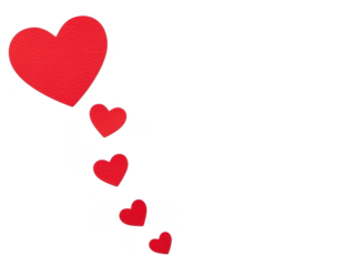 Red hearts of different sizes flying in a line isolated on transparent background