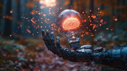 Robotic Hand Holding Glowing Brain Inside Lightbulb in Forest, Concept of Innovation.