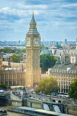 A high-altitude, detailed view of the Elizabeth Tower (Big Ben) in London, UK