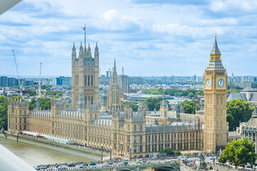 A wide-angle aerial perspective of the British seat of government at Westminster in London, UK