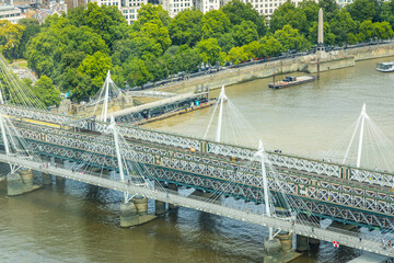 The Golden Jubilee Bridges and Hungerford Bridge with the river Thames in London seen from above
