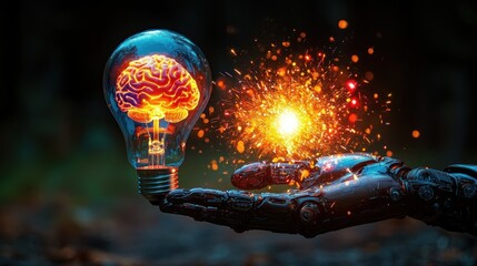 Glowing Brain in Lightbulb Held by Robotic Hand, Sparks of Innovation
