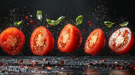 Levitating Tomato Slices with Basil, Spices, and Dramatic Black Background