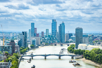 Wide-angle aerial view of the River Thames, Lambeth Bridge and the South Bank skyline in London, UK