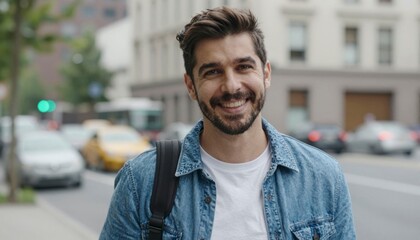 Fototapeta premium Smiling Man Walking Through Urban Street