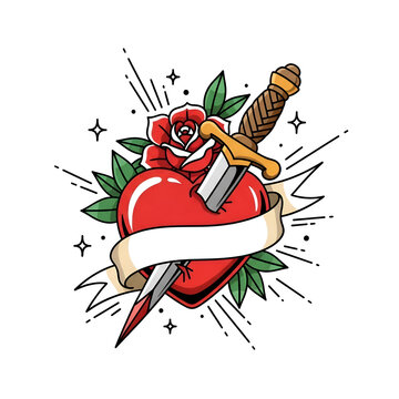 Heart with dagger and rose tattoo design