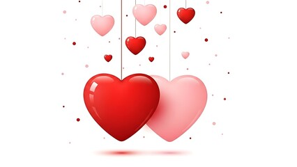 Sweet Valentine Two Glossy Red and Pink 3D Hearts Hanging Together with Festive Confetti on White Background for Couples