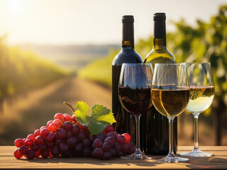 Fototapeta premium Wine bottles and glasses in vineyard