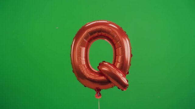 Red Letter Q Balloon Floating Against Green Screen Background.