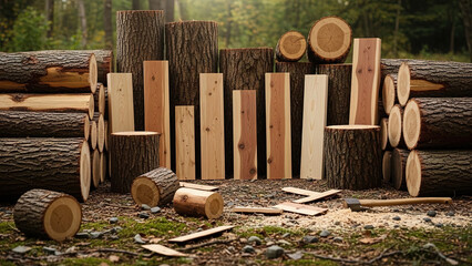 Variety of cut and stacked wood planks and logs in forest