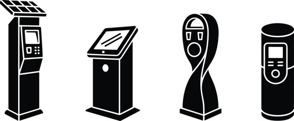 Payment kiosk silhouette set automated terminals self service stations vector illustration.