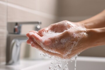 Close-up of hands washing with soap under running water in a clean bathroom