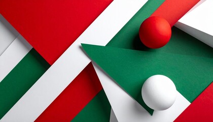 Abstract geometric composition with layered circles and rectangles in green, white, and red, 3D texture.