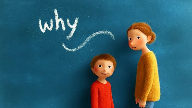 A Heartwarming Moment of Curiosity: A Young Child Asks 'Why' as an Enthusiastic Adult Engages with a Friendly Expression in a Colorful, Whimsical Setting