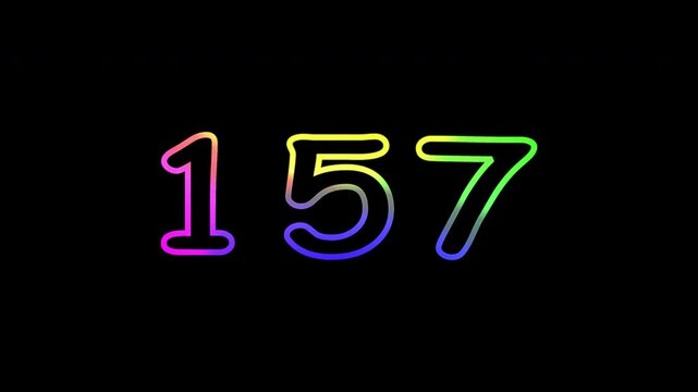 Animated neon number 157 dynamically changes colors on a black background. 4K text animated video.