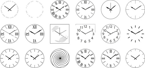 Set of diverse vector clock faces with Roman and Arabic numerals in black outline style for time management concepts. © Its Ariful 