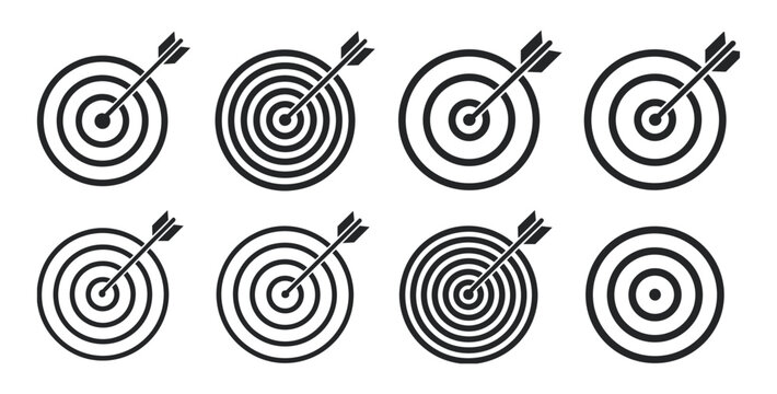 Eight Black and White Target Icons with Arrows Showing Different Accuracy Levels dartboard bullseye