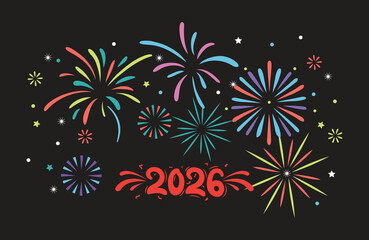 Golden fireworks celebrating the arrival of the year 2026. Colorful fireworks celebrating the arrival of 2026 on a dark background.
