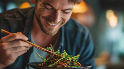 Man eats alternative food of edible insects, ai generated