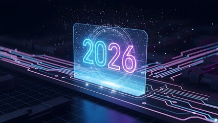 Futuristic digital display with glowing 2026 neon sign on circuit board