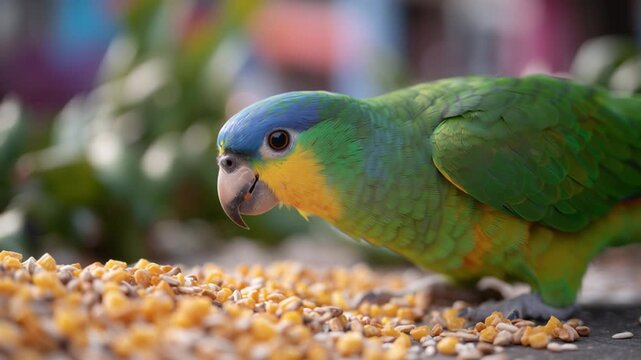 Colorful parrot enjoys a meal of corn in a vibrant outdoor setting surrounded by greenery