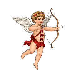Obraz premium Cupid flying with bow and arrow in hand