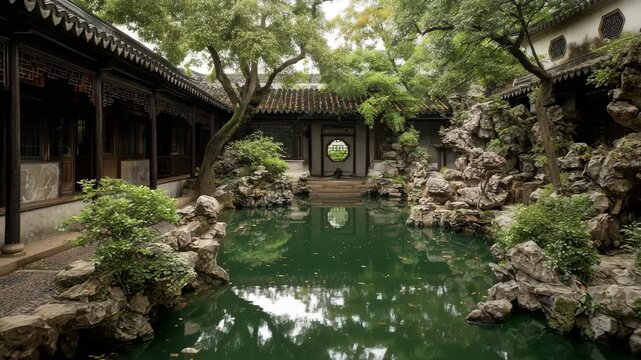 Ultra HD Tranquil courtyard with pond and traditional chinese architecture in a classical garden video