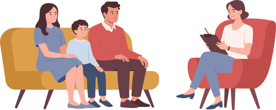 Family therapy session with mother father and child sitting on sofa talking to female psychologist or counselor