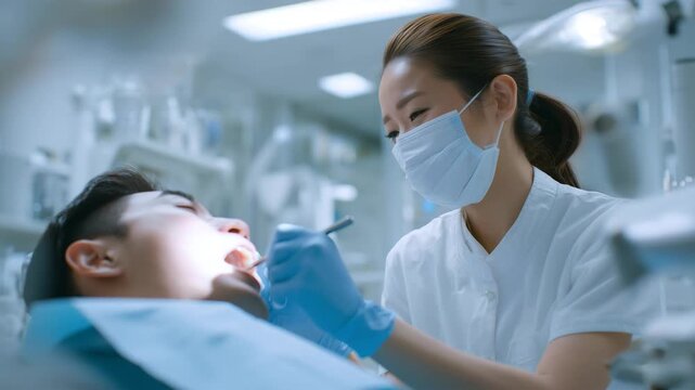日本人女性歯科衛生士が男性患者をケア
