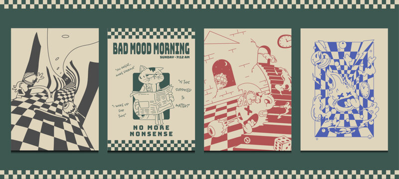 abstract retro posters with surreal cartoon style, vector illustration