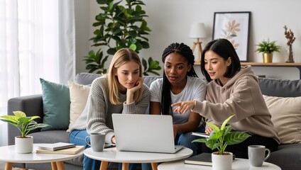 Three diverse young women collaborating on a laptop at home. Multiethnic female friends studying together in a modern living room