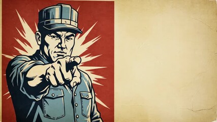 Man pointing his finger in a vintage propaganda poster style with blank parchment paper space, recruitment or call to action concept.