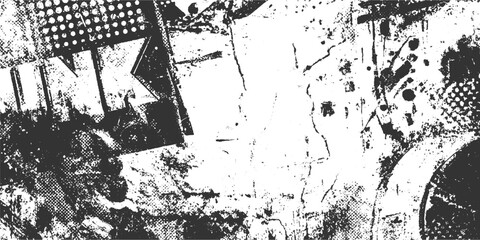 Black and white abstract textured background with geometric shapes and halftone dots grunge