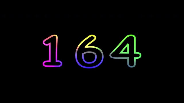 The number 164 is displayed with a vibrant, colorful gradient outline changing colors against a black background. 4K text animated video.