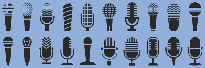 microphone icon set, collection of abstract microphone vector illustrations, modern audio symbols, music recording, podcasting, broadcasting, sound equipment, and media design graphics.