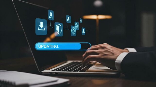 A laptop screen shows a blue button that says updating