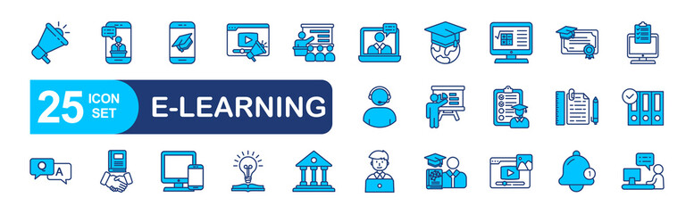 E-learning set of web icons in line style. vector illustration concept relate to education, computer, student, set, line, study, video, school