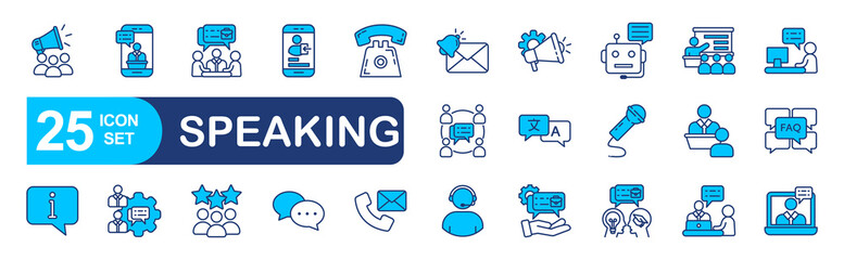 Speaking set of web icons in line style. vector illustration concept relate to speaking, person, head, symbol, mouth, people, pictogram, bubble, human, phone 