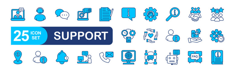 Customer Service and Support set of web icons in line style. vector illustration concept relate to contact, information, line, phone, outline, business, tech, headset, question, info, person