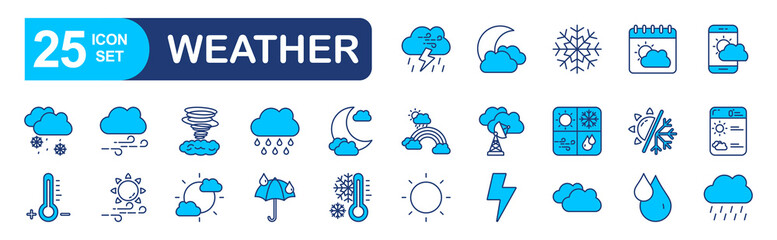 Weather set of web icons in line style. vector illustration concept relate to wind, storm, rain, cloud, snow, sunny, moon, forecast, cloudy, sky, rainy, cold, umbrella