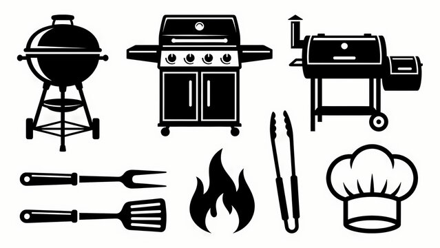 Collection of Black and White BBQ Grill Icons Featuring Kettle Grill, Gas Grill, Smoker, Utensils, Flame, and Chef Hat.